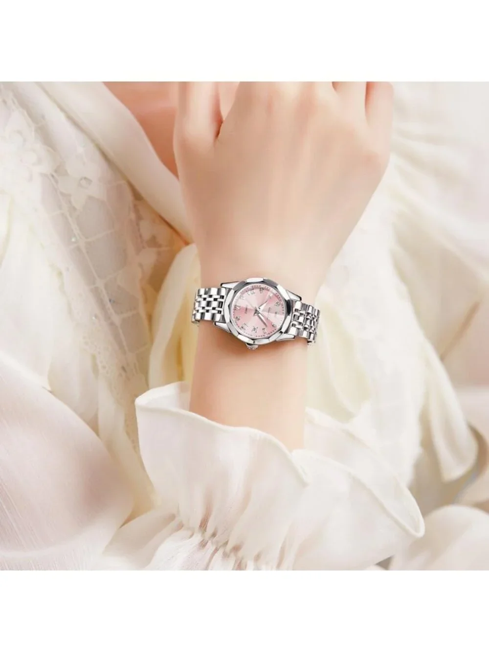 Women's Silver Pink Diamond Analog Stainless Steel Waterproof Date Wrist Watch